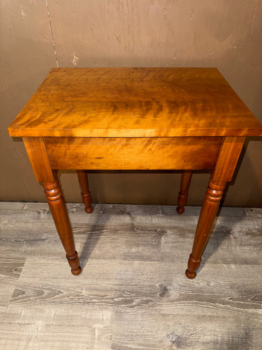 Antique Sheraton Style One Drawer Stand Table with Turned Legs, Figured Wood