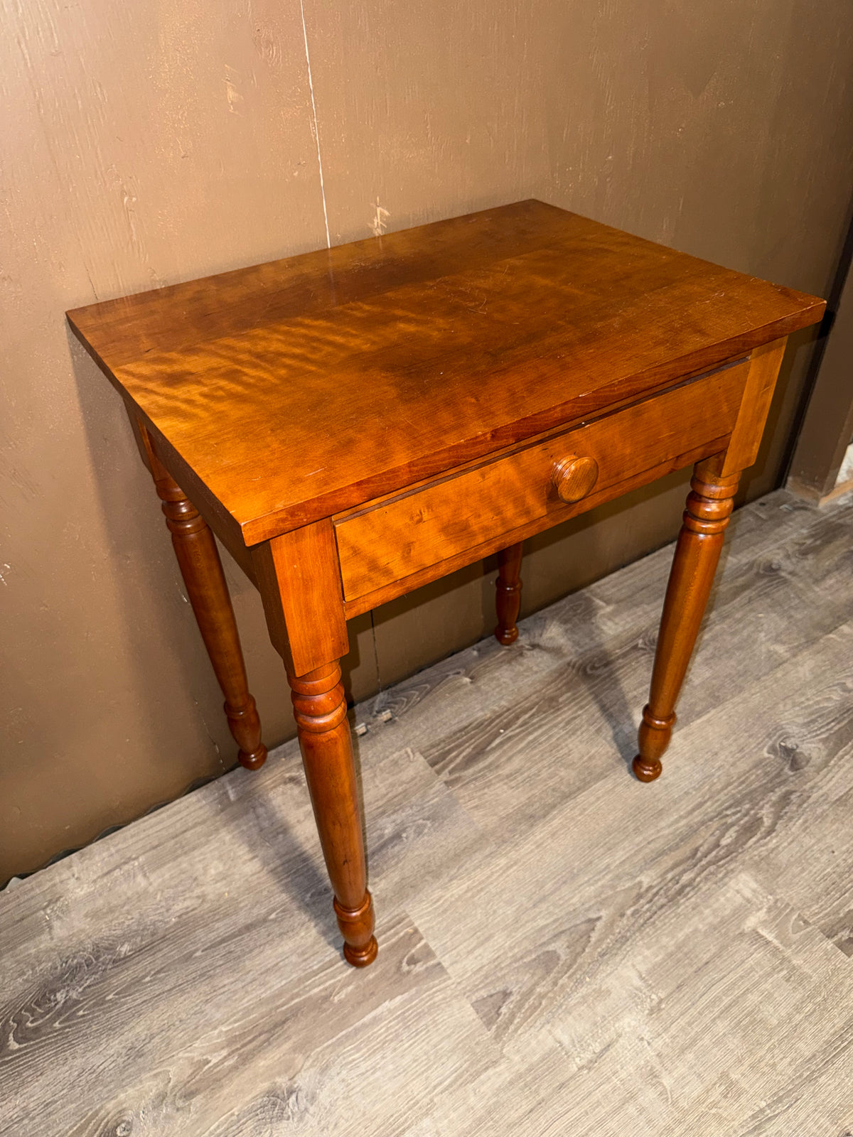 Antique Sheraton Style One Drawer Stand Table with Turned Legs, Figured Wood