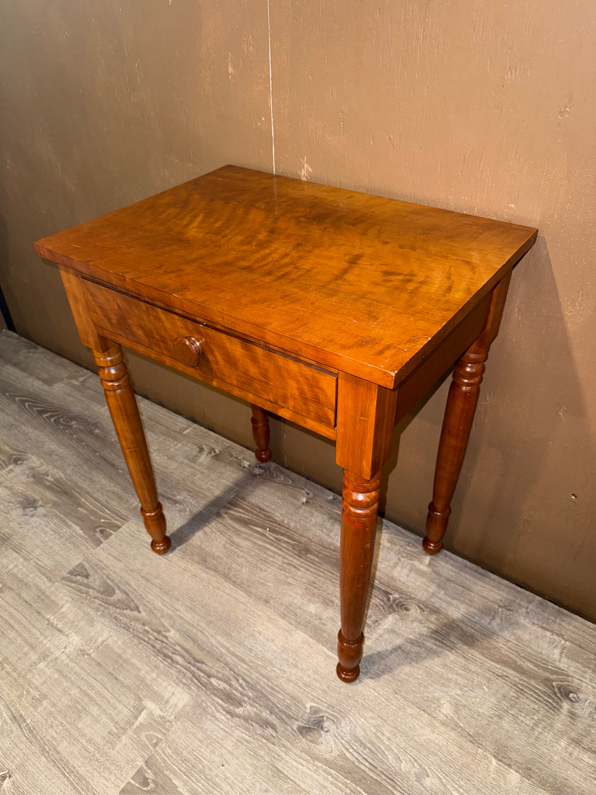 Antique Sheraton Style One Drawer Stand Table with Turned Legs, Figured Wood