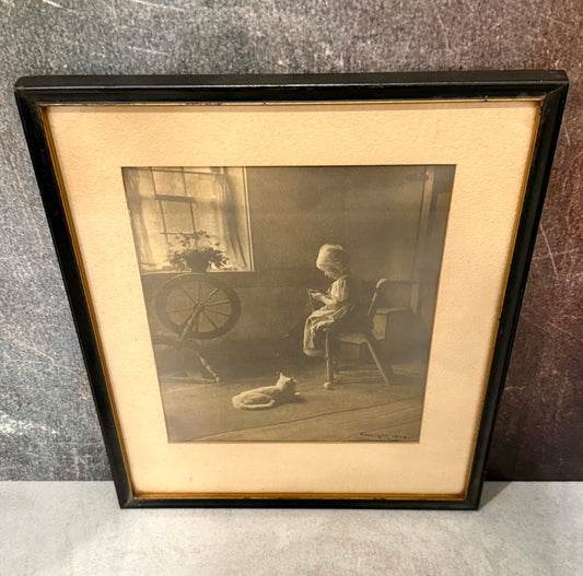 Vintage 1928 "Priscilla" / Girl at the Spinning Wheel with Cat Colonial Revival Framed Art Print Antique Wall Art