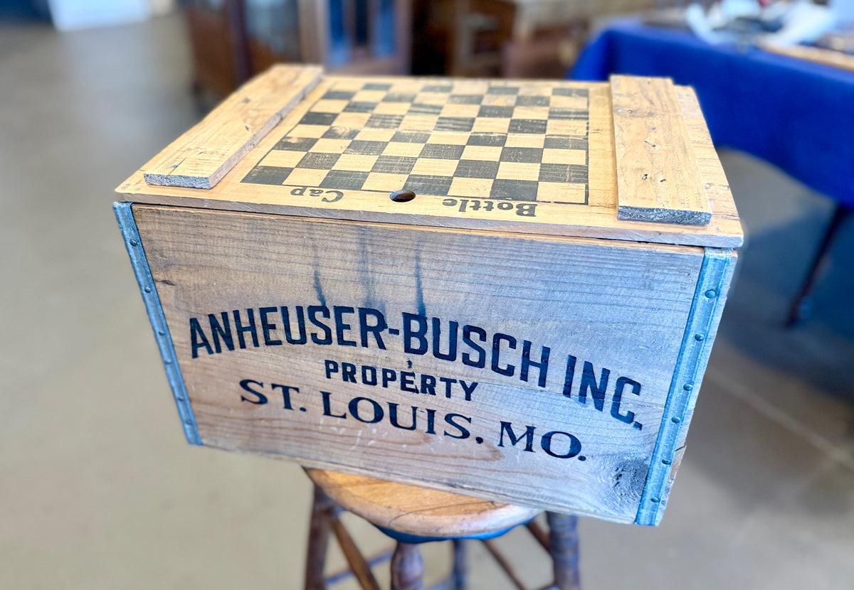 Vintage Anheuser-Busch Wooden Beer Crate with Reversible Checkerboard Lid - Budweiser St. Louis MO