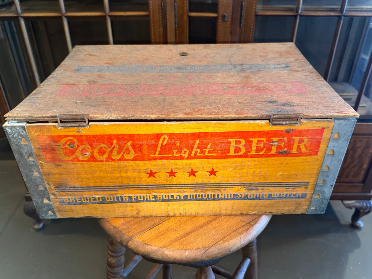 Vintage 1940s Coors Light Beer Wooden Crate with Hinged Lid | Antique Adolph Coors Breweriana Cargo Box