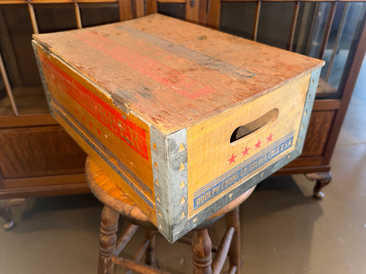 Vintage 1940s Coors Light Beer Wooden Crate with Hinged Lid | Antique Adolph Coors Breweriana Cargo Box