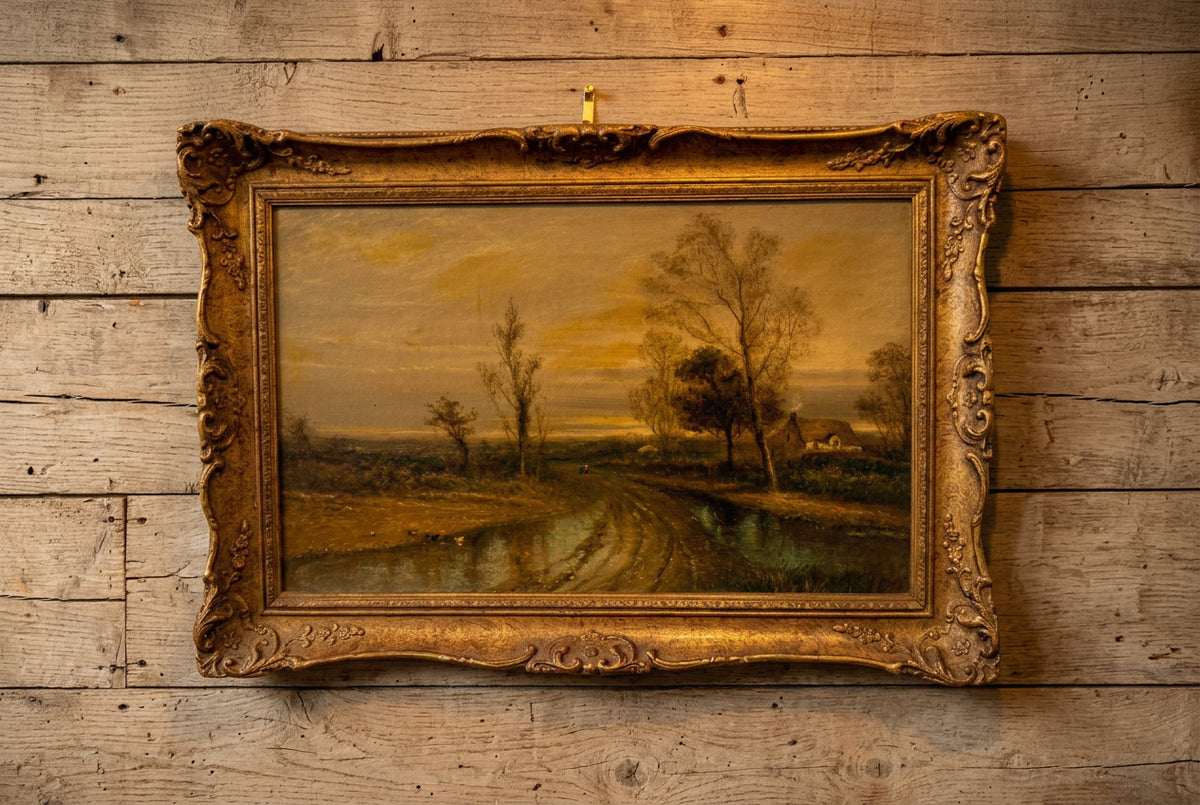 Antique Very Rare 19th Century English Oil Painting by F. Underhill – "Water Lane, Chingford" Country Landscape in Ornate Gilt Gesso Frame