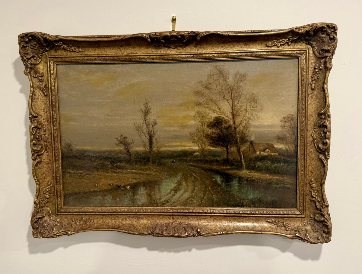 Antique Very Rare 19th Century English Oil Painting by F. Underhill – "Water Lane, Chingford" Country Landscape in Ornate Gilt Gesso Frame