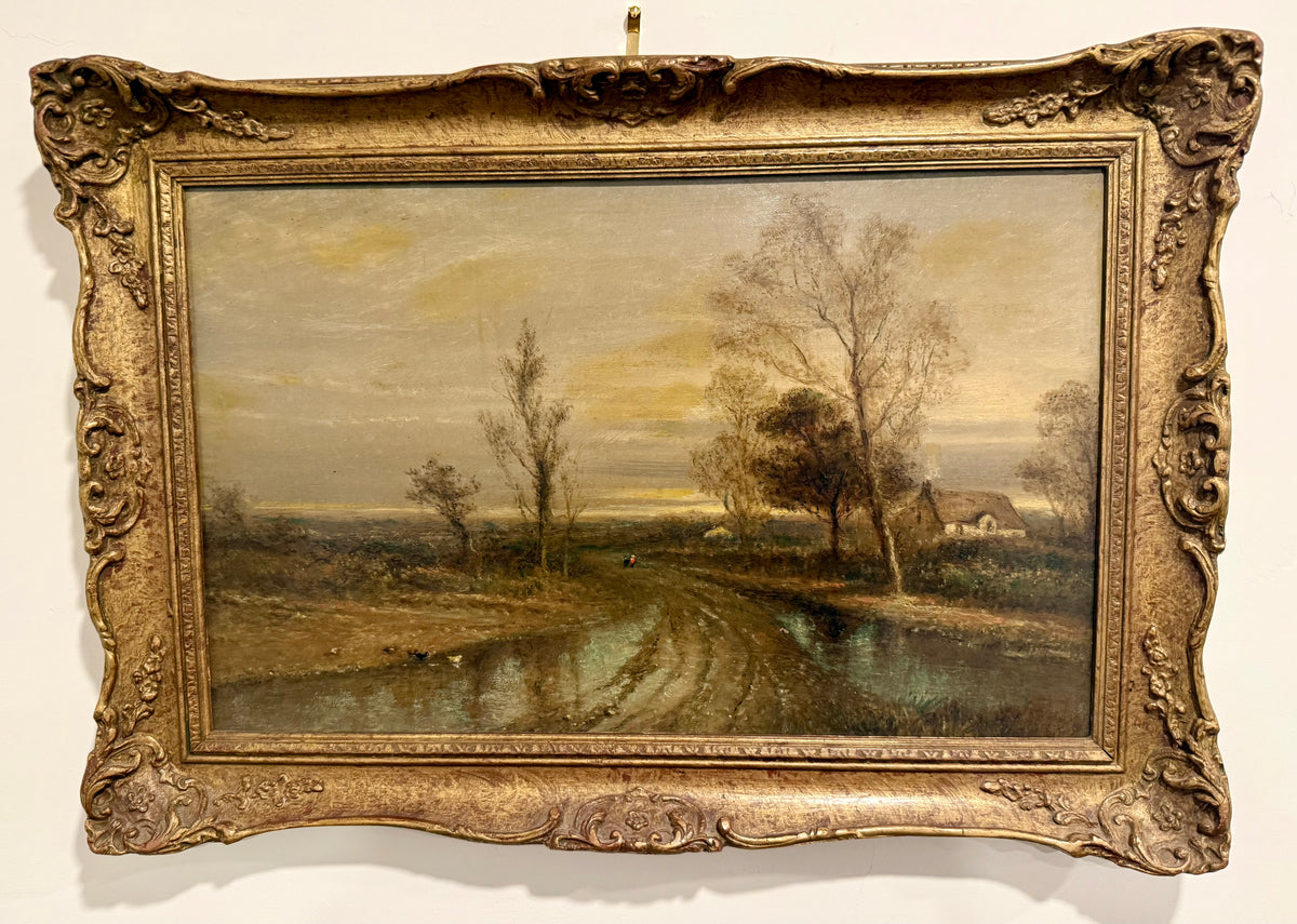 Antique Very Rare 19th Century English Oil Painting by F. Underhill – "Water Lane, Chingford" Country Landscape in Ornate Gilt Gesso Frame
