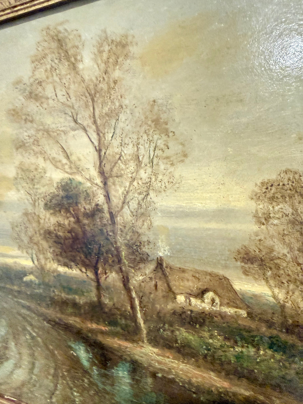 Antique Very Rare 19th Century English Oil Painting by F. Underhill – "Water Lane, Chingford" Country Landscape in Ornate Gilt Gesso Frame