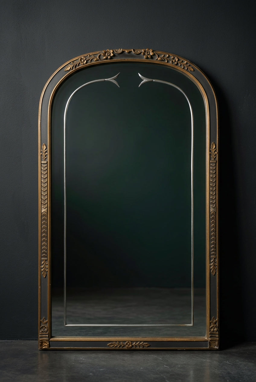 Antique 1920s Art Deco Arched Wall Mirror – Ebonized Black & Gold Gesso Frame with Wheel-Etched Floral Glass Accent