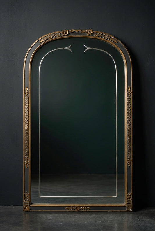 Antique 1920s Art Deco Arched Wall Mirror – Ebonized Black & Gold Gesso Frame with Wheel-Etched Floral Glass Accent