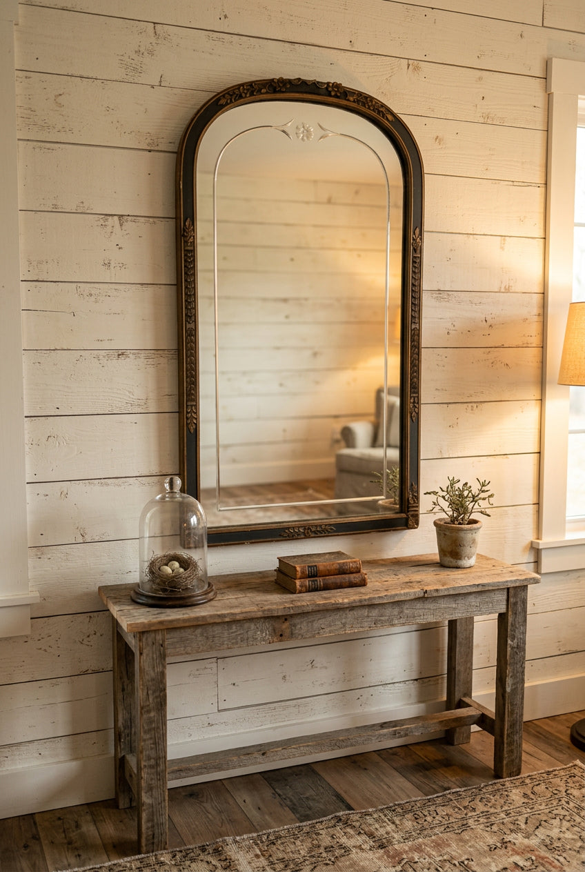 Antique 1920s Art Deco Arched Wall Mirror – Ebonized Black & Gold Gesso Frame with Wheel-Etched Floral Glass Accent