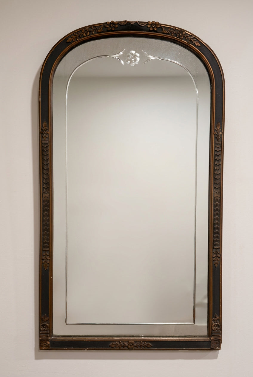 Antique 1920s Art Deco Arched Wall Mirror – Ebonized Black & Gold Gesso Frame with Wheel-Etched Floral Glass Accent