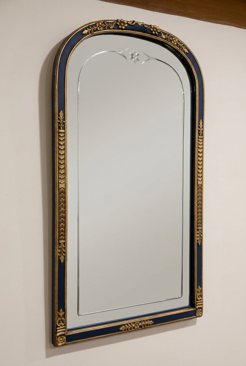 Antique 1920s Art Deco Arched Wall Mirror – Ebonized Black & Gold Gesso Frame with Wheel-Etched Floral Glass Accent