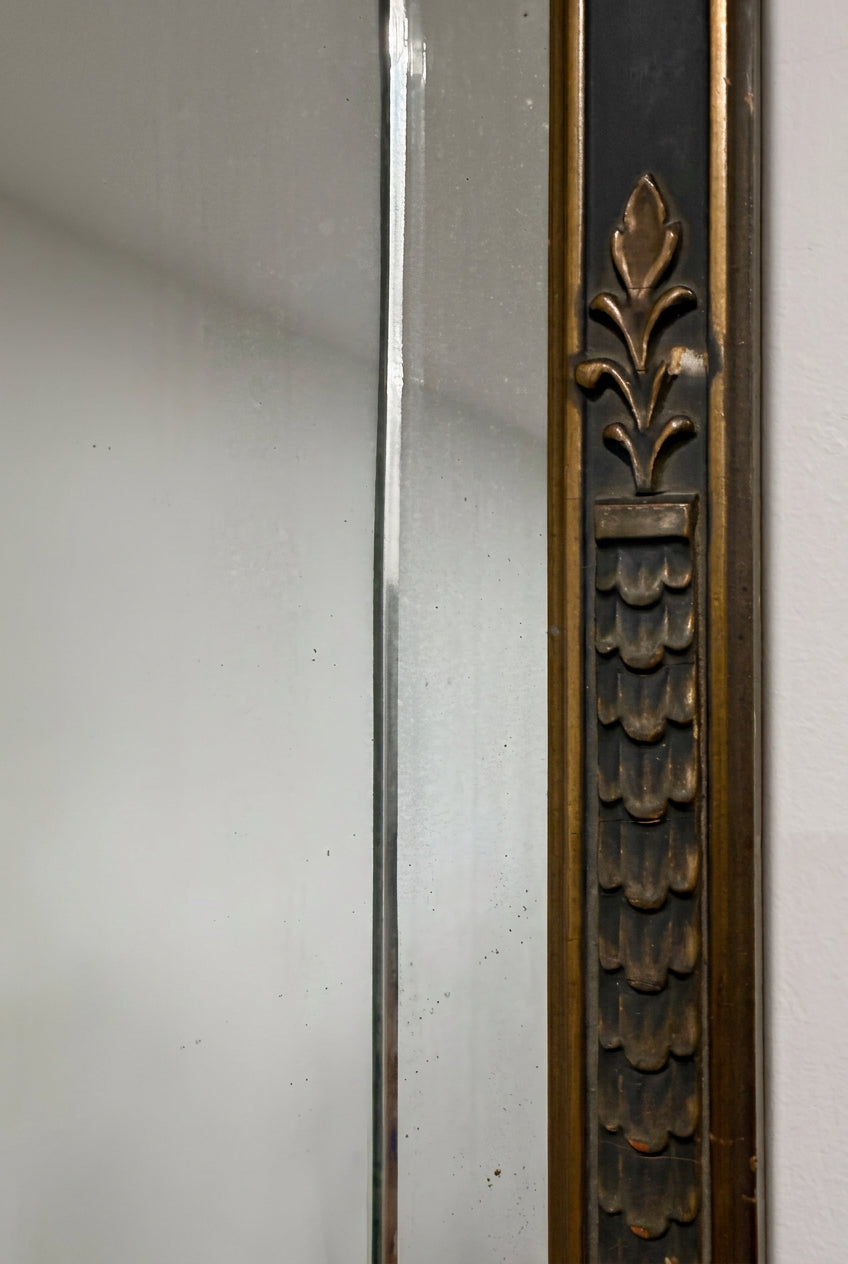 Antique 1920s Art Deco Arched Wall Mirror – Ebonized Black & Gold Gesso Frame with Wheel-Etched Floral Glass Accent