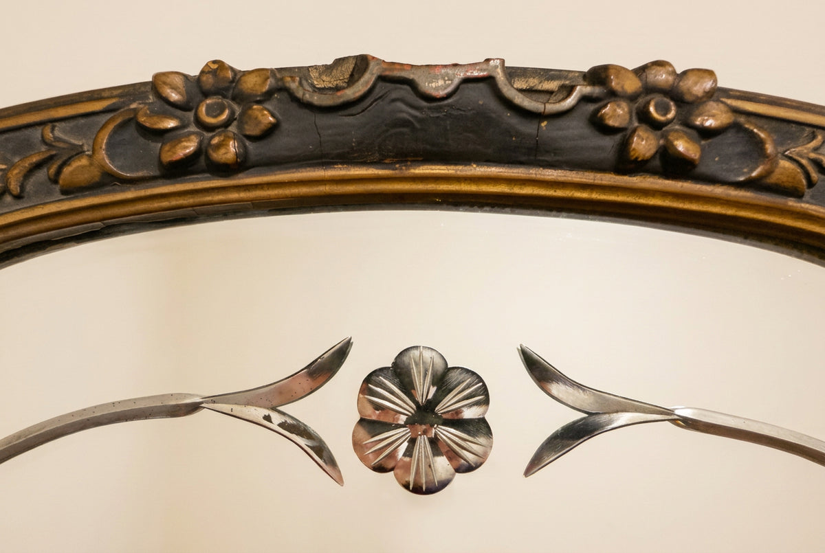 Antique 1920s Art Deco Arched Wall Mirror – Ebonized Black & Gold Gesso Frame with Wheel-Etched Floral Glass Accent
