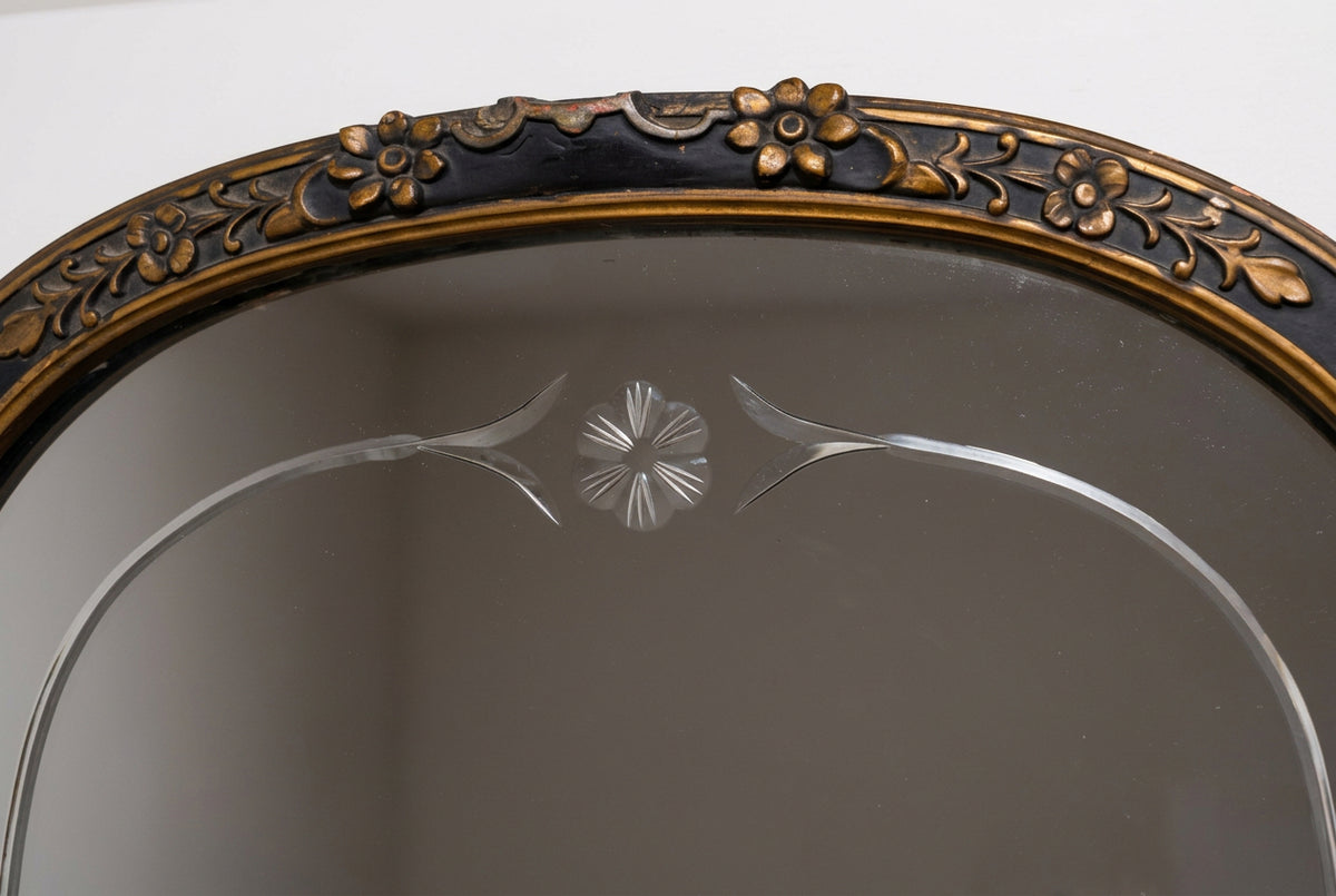 Antique 1920s Art Deco Arched Wall Mirror – Ebonized Black & Gold Gesso Frame with Wheel-Etched Floral Glass Accent