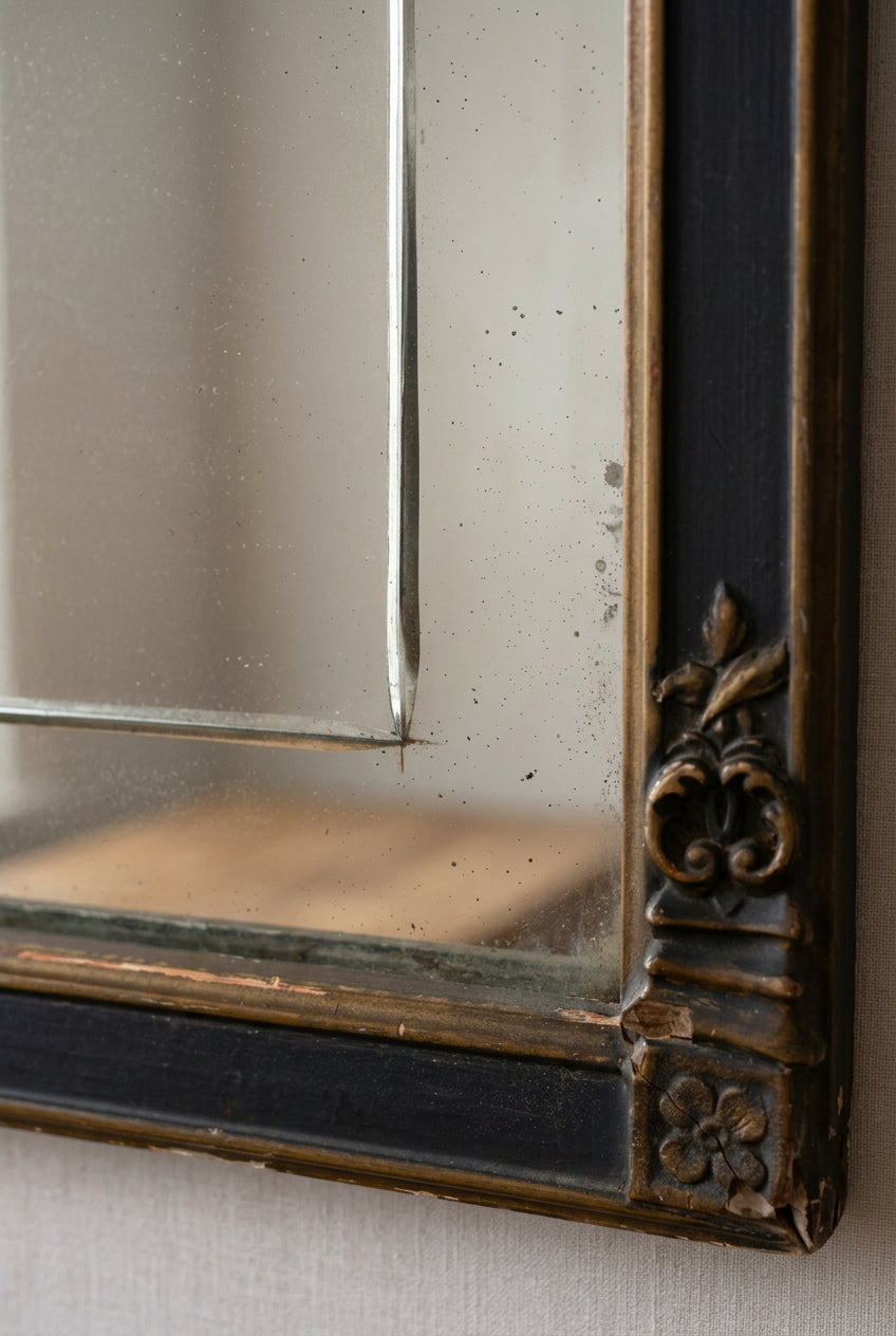 Antique 1920s Art Deco Arched Wall Mirror – Ebonized Black & Gold Gesso Frame with Wheel-Etched Floral Glass Accent