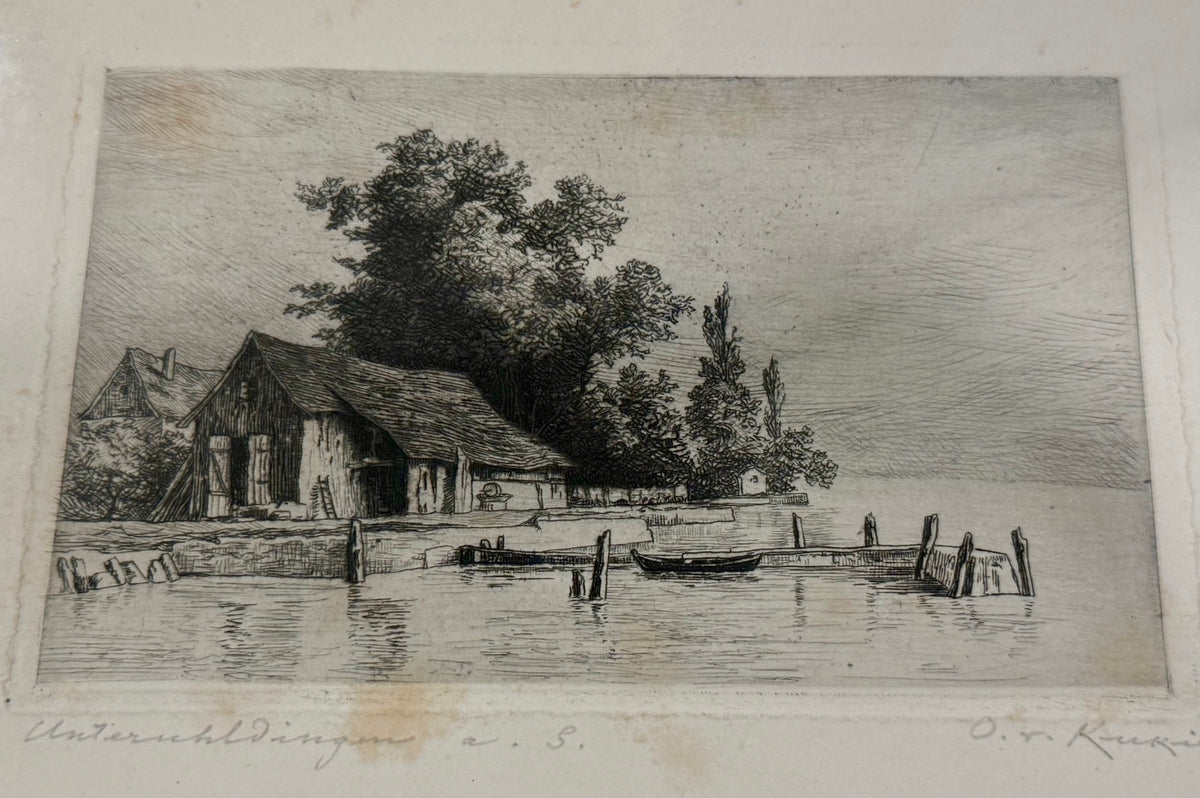 Set of 3 Vintage Original Signed Etchings by Otto von Kukuk – German Historic Landscapes & Lake Constance Views