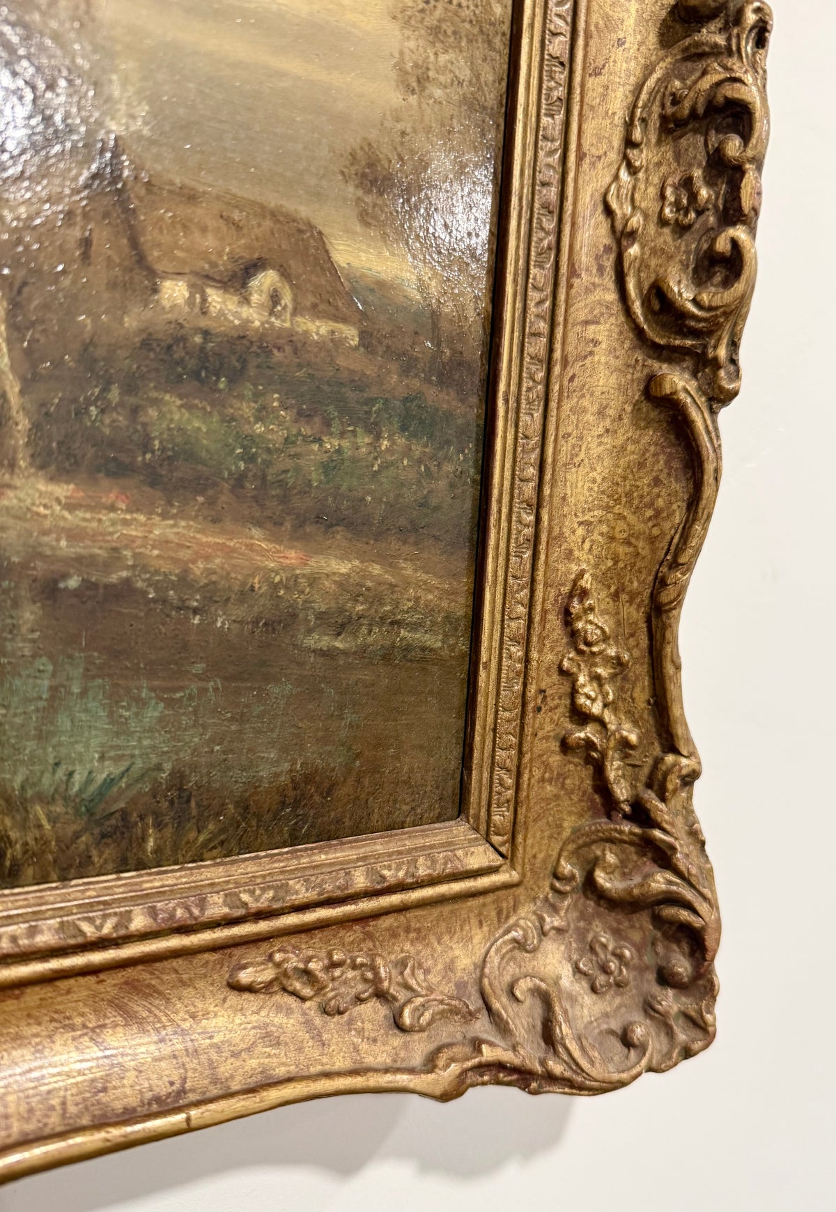 Antique Very Rare 19th Century English Oil Painting by F. Underhill – "Water Lane, Chingford" Country Landscape in Ornate Gilt Gesso Frame