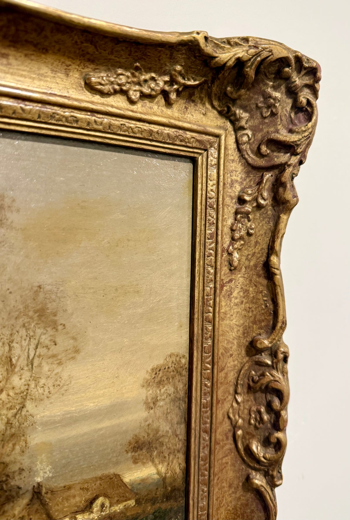 Antique Very Rare 19th Century English Oil Painting by F. Underhill – "Water Lane, Chingford" Country Landscape in Ornate Gilt Gesso Frame