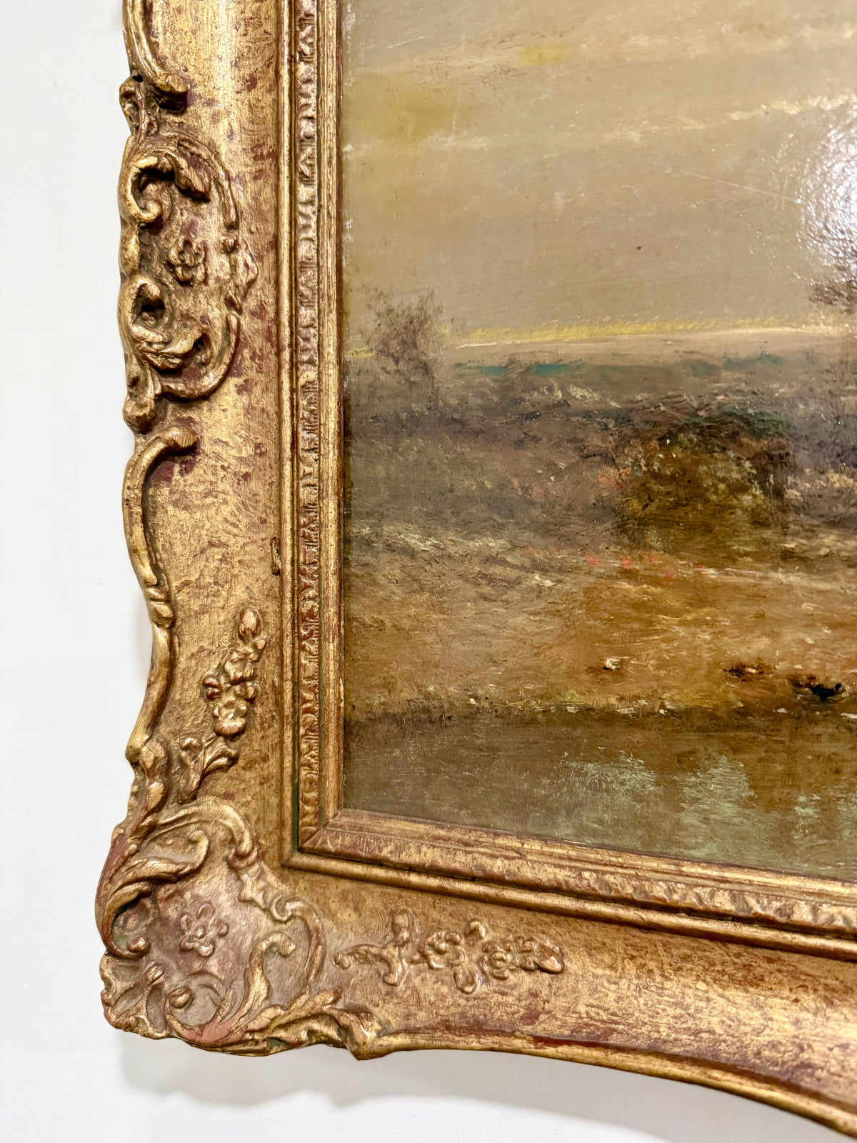 Antique Very Rare 19th Century English Oil Painting by F. Underhill – "Water Lane, Chingford" Country Landscape in Ornate Gilt Gesso Frame