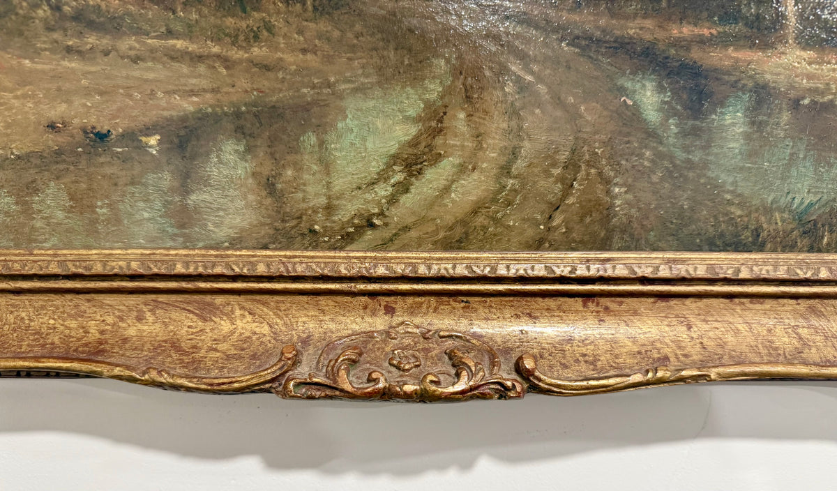 Antique Very Rare 19th Century English Oil Painting by F. Underhill – "Water Lane, Chingford" Country Landscape in Ornate Gilt Gesso Frame