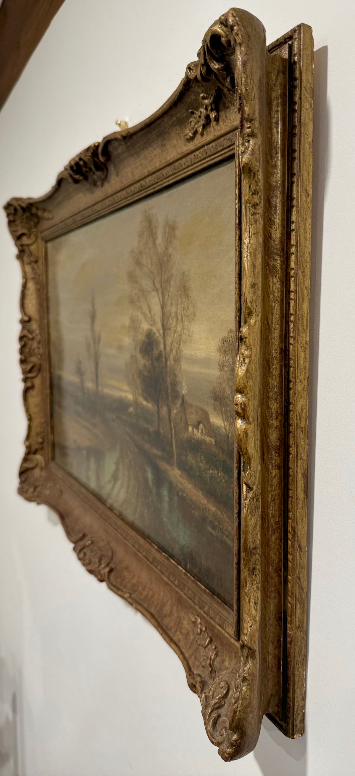 Antique Very Rare 19th Century English Oil Painting by F. Underhill – "Water Lane, Chingford" Country Landscape in Ornate Gilt Gesso Frame
