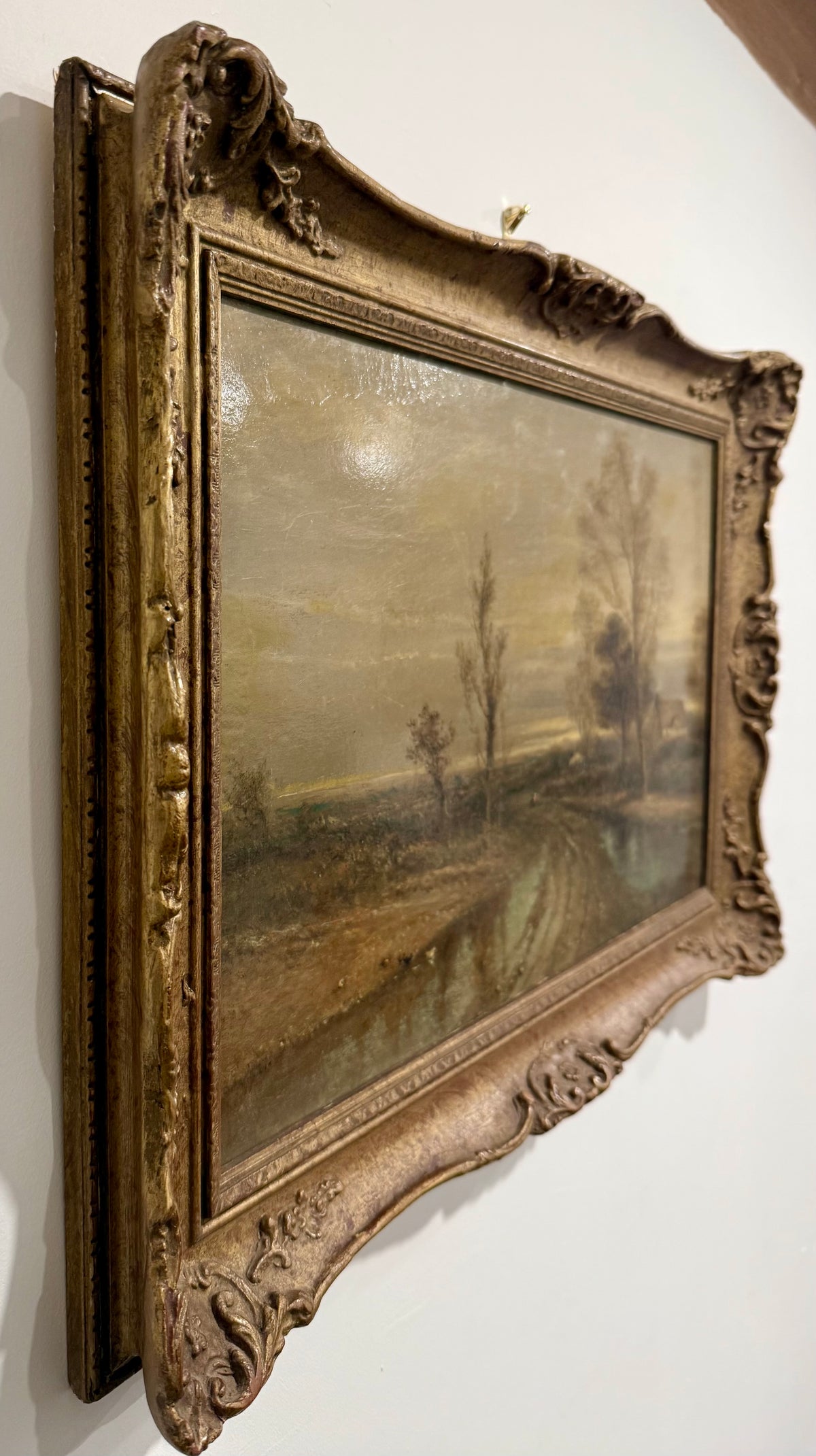 Antique Very Rare 19th Century English Oil Painting by F. Underhill – "Water Lane, Chingford" Country Landscape in Ornate Gilt Gesso Frame