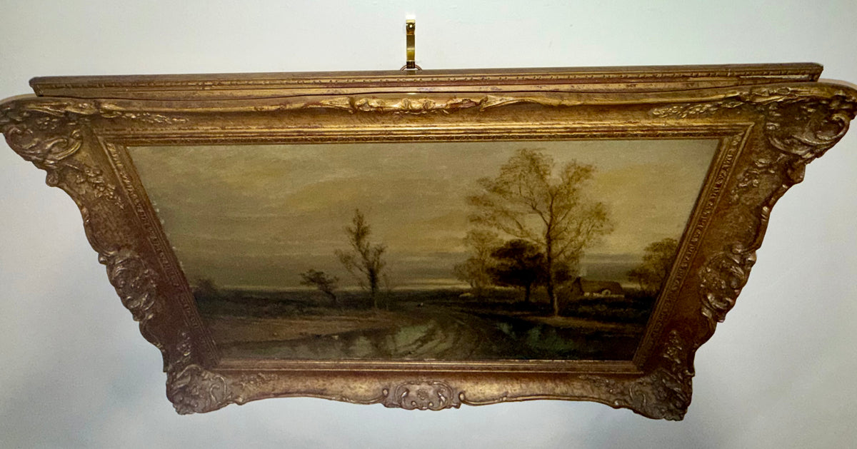 Antique Very Rare 19th Century English Oil Painting by F. Underhill – "Water Lane, Chingford" Country Landscape in Ornate Gilt Gesso Frame
