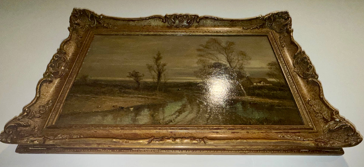 Antique Very Rare 19th Century English Oil Painting by F. Underhill – "Water Lane, Chingford" Country Landscape in Ornate Gilt Gesso Frame