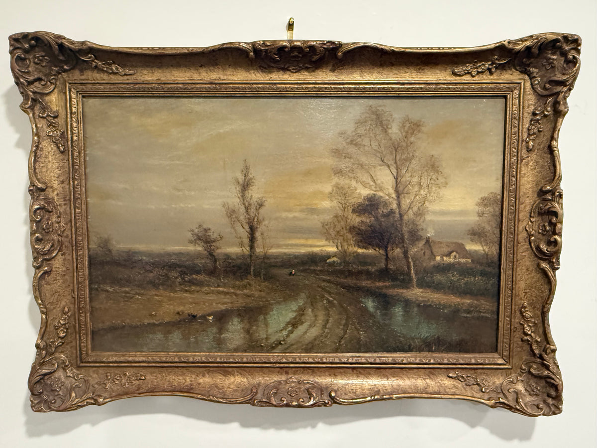 Antique Very Rare 19th Century English Oil Painting by F. Underhill – "Water Lane, Chingford" Country Landscape in Ornate Gilt Gesso Frame