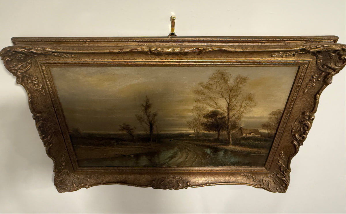 Antique Very Rare 19th Century English Oil Painting by F. Underhill – "Water Lane, Chingford" Country Landscape in Ornate Gilt Gesso Frame