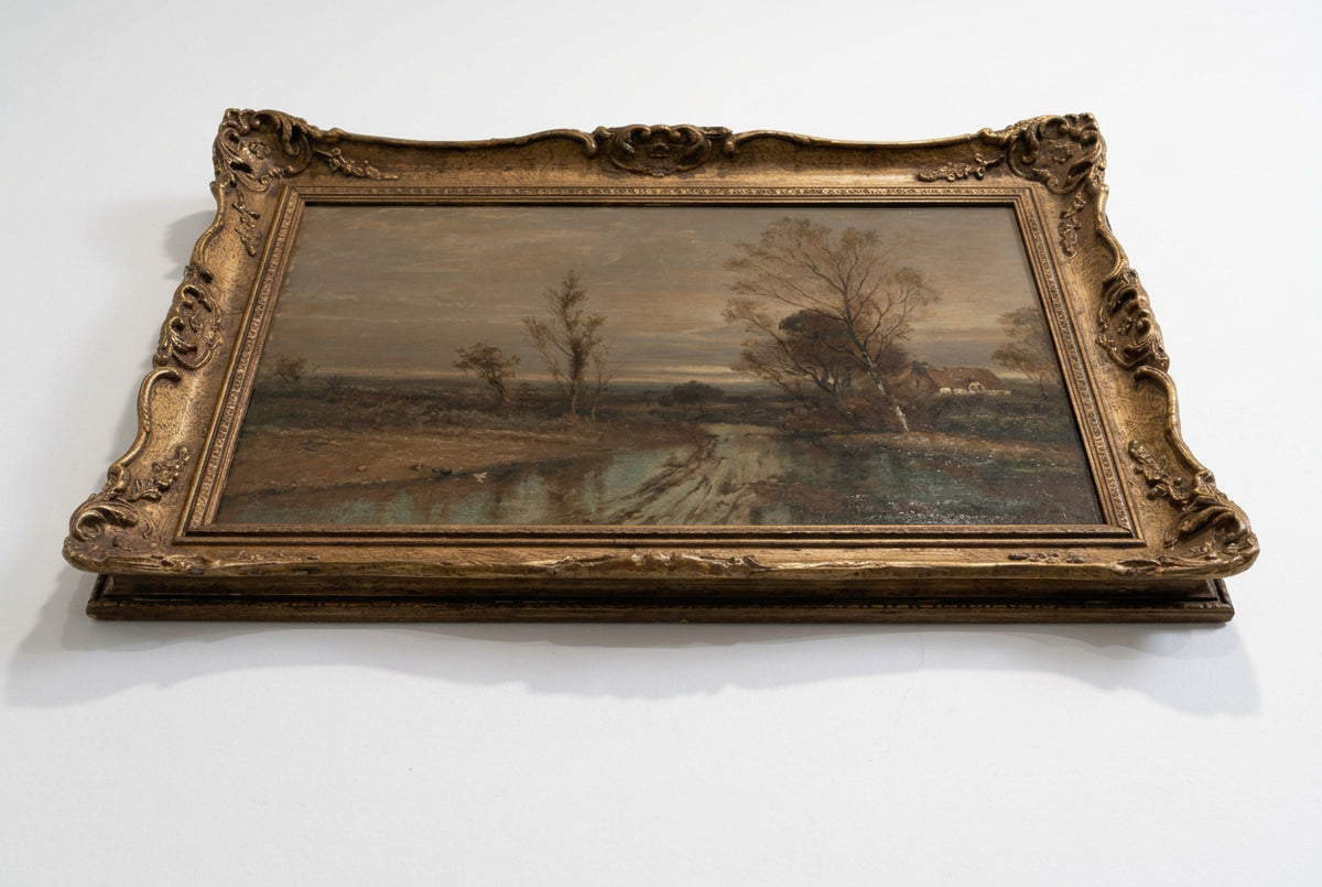 Antique Very Rare 19th Century English Oil Painting by F. Underhill – "Water Lane, Chingford" Country Landscape in Ornate Gilt Gesso Frame