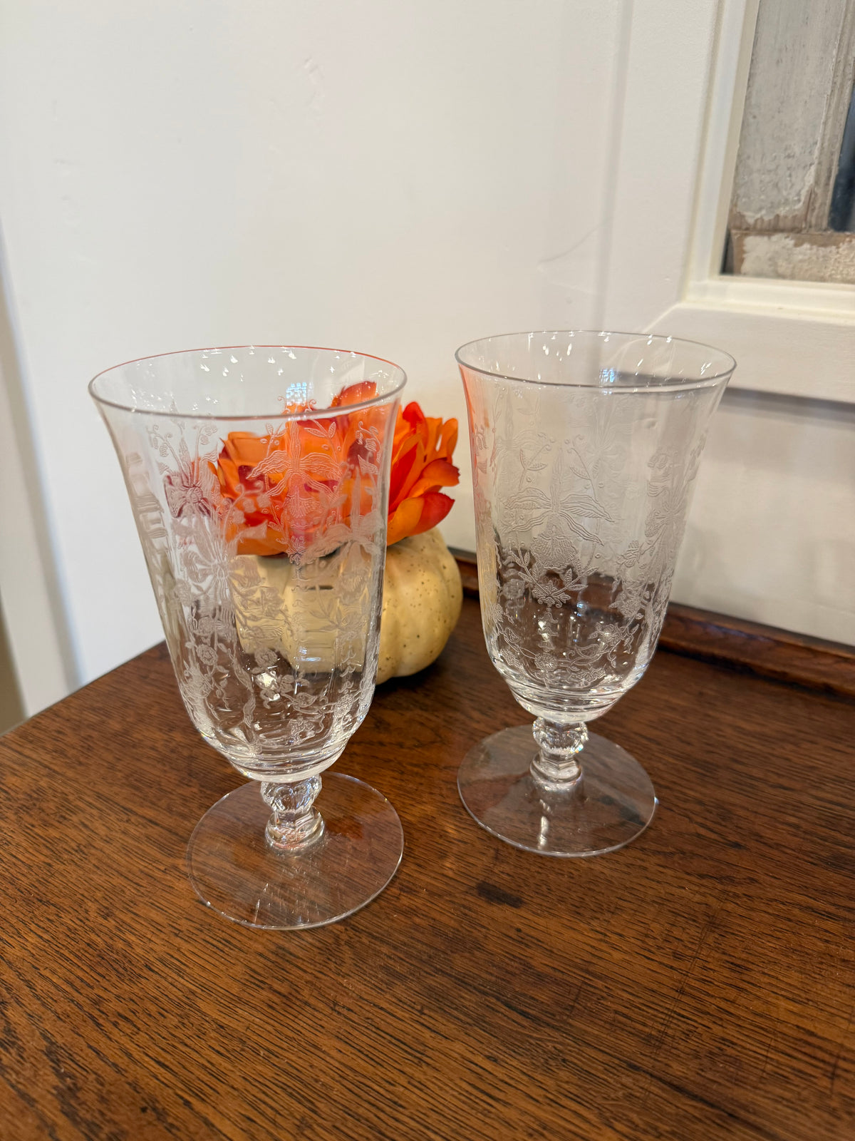 Vintage Heisey Crystal Orchid Etched Footed Iced Tea/Wine Glasses – 1940s Elegant Blown Glass Goblets Stem 5025