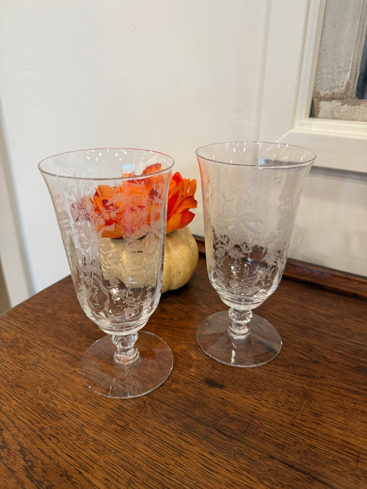Vintage Heisey Crystal Orchid Etched Footed Iced Tea/Wine Glasses – 1940s Elegant Blown Glass Goblets Stem 5025