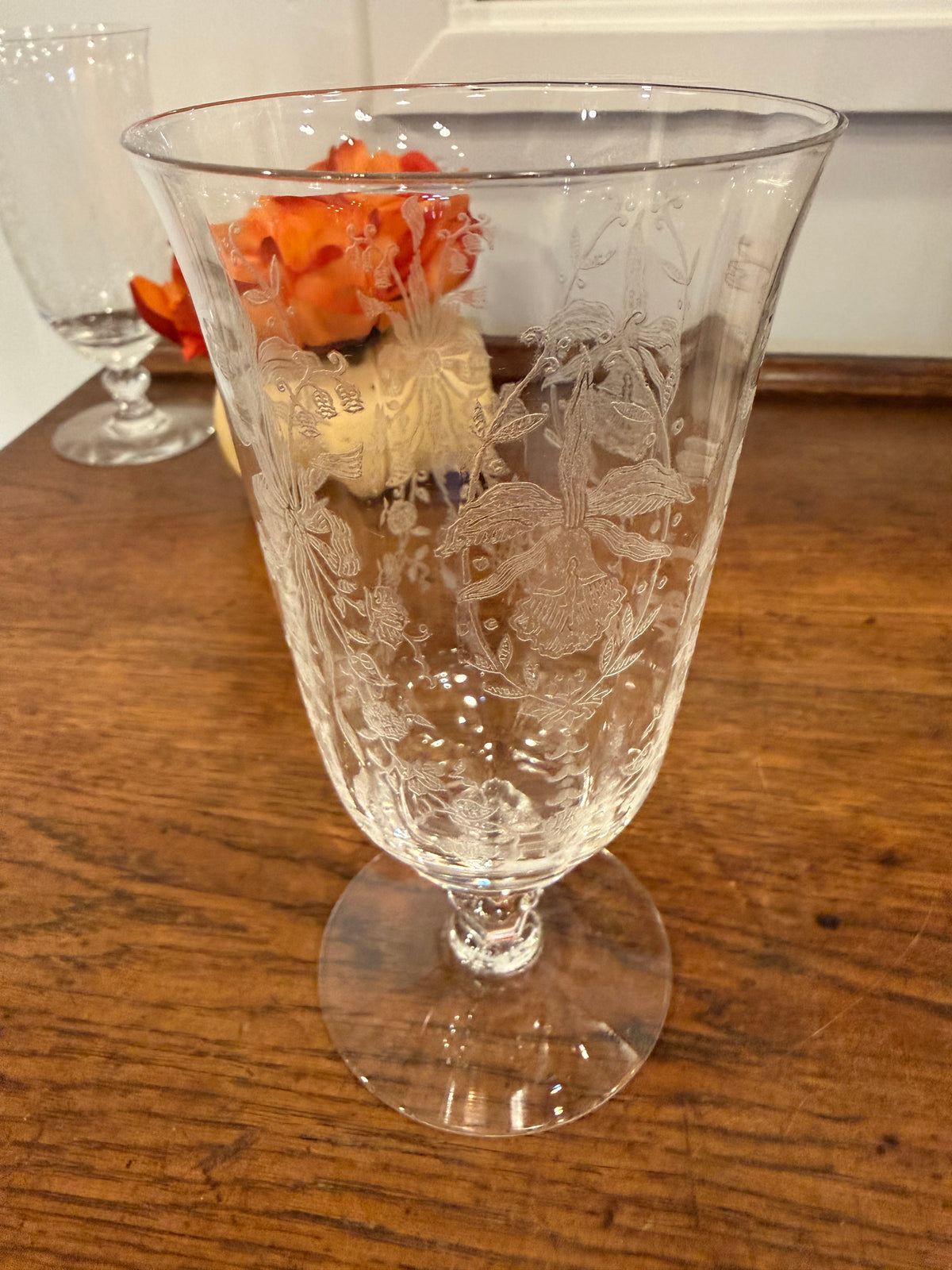 Vintage Heisey Crystal Orchid Etched Footed Iced Tea/Wine Glasses – 1940s Elegant Blown Glass Goblets Stem 5025
