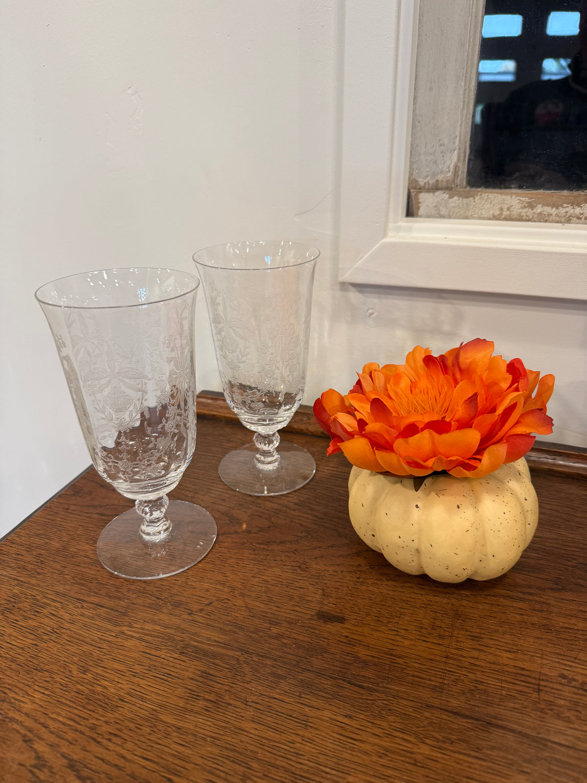 Vintage Heisey Crystal Orchid Etched Footed Iced Tea/Wine Glasses – 1940s Elegant Blown Glass Goblets Stem 5025