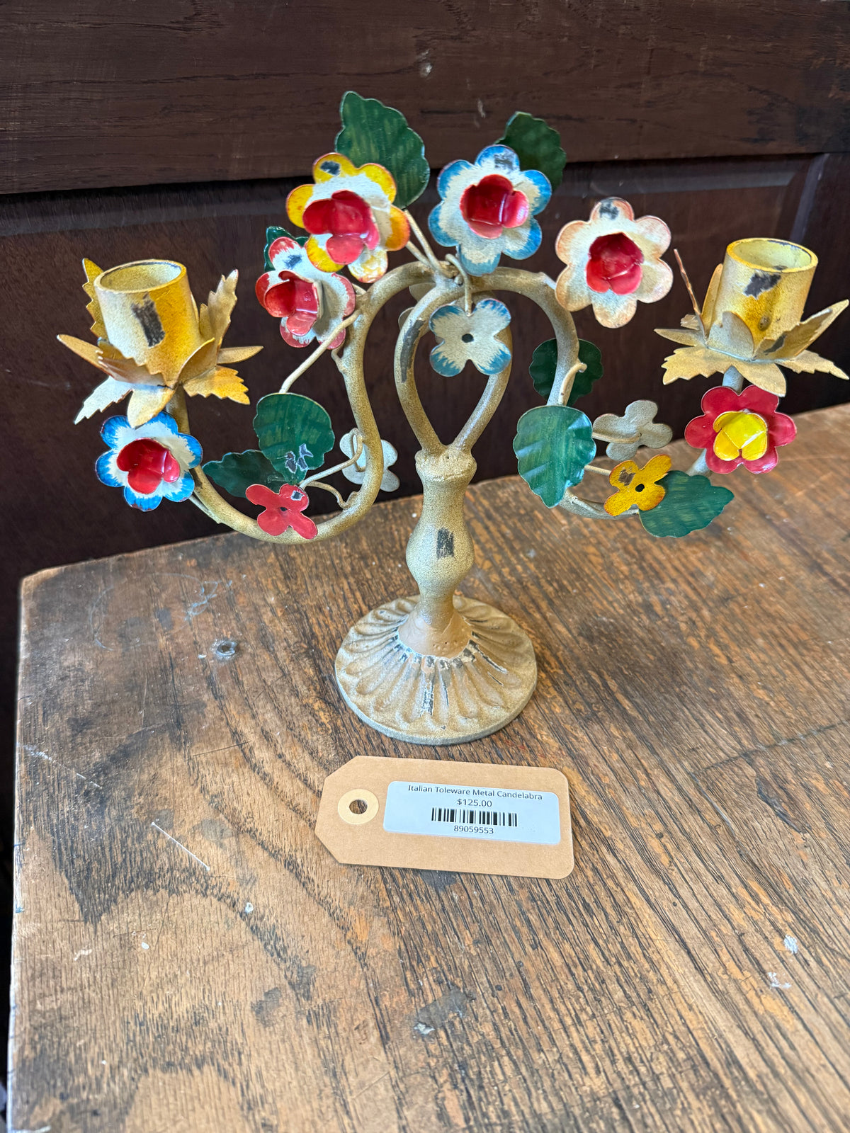 Vintage Italian Toleware Metal Floral 2-Arm Candelabra