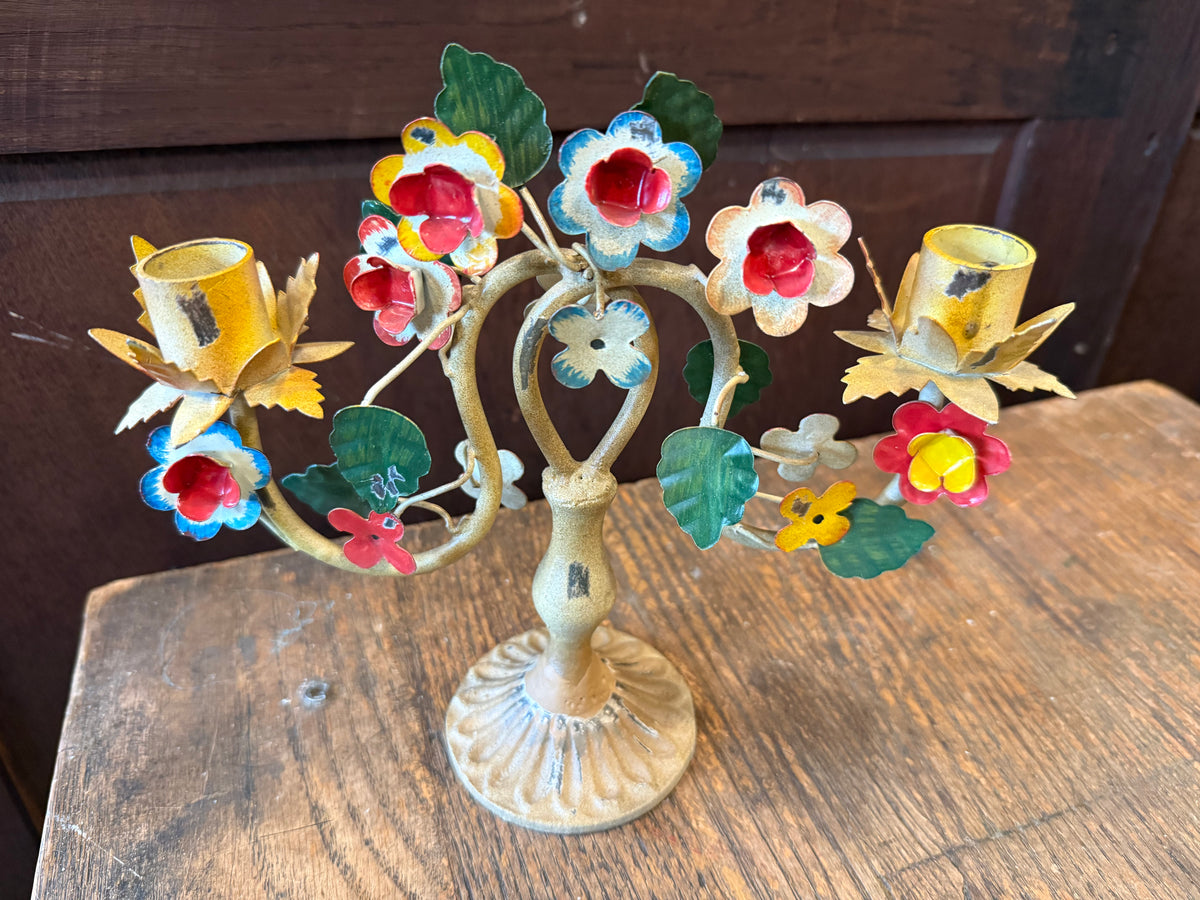 Vintage Italian Toleware Metal Floral 2-Arm Candelabra