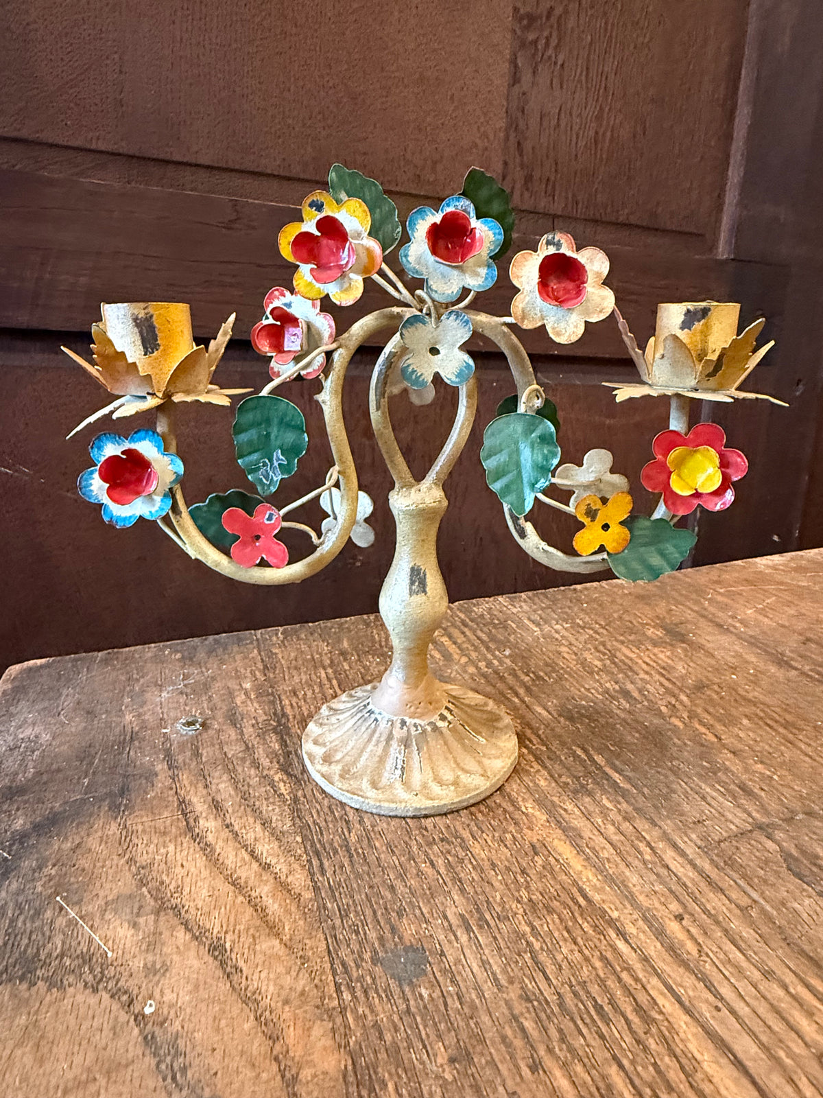 Vintage Italian Toleware Metal Floral 2-Arm Candelabra