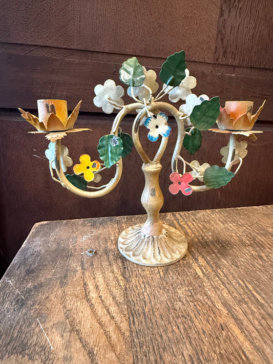 Vintage Italian Toleware Metal Floral 2-Arm Candelabra