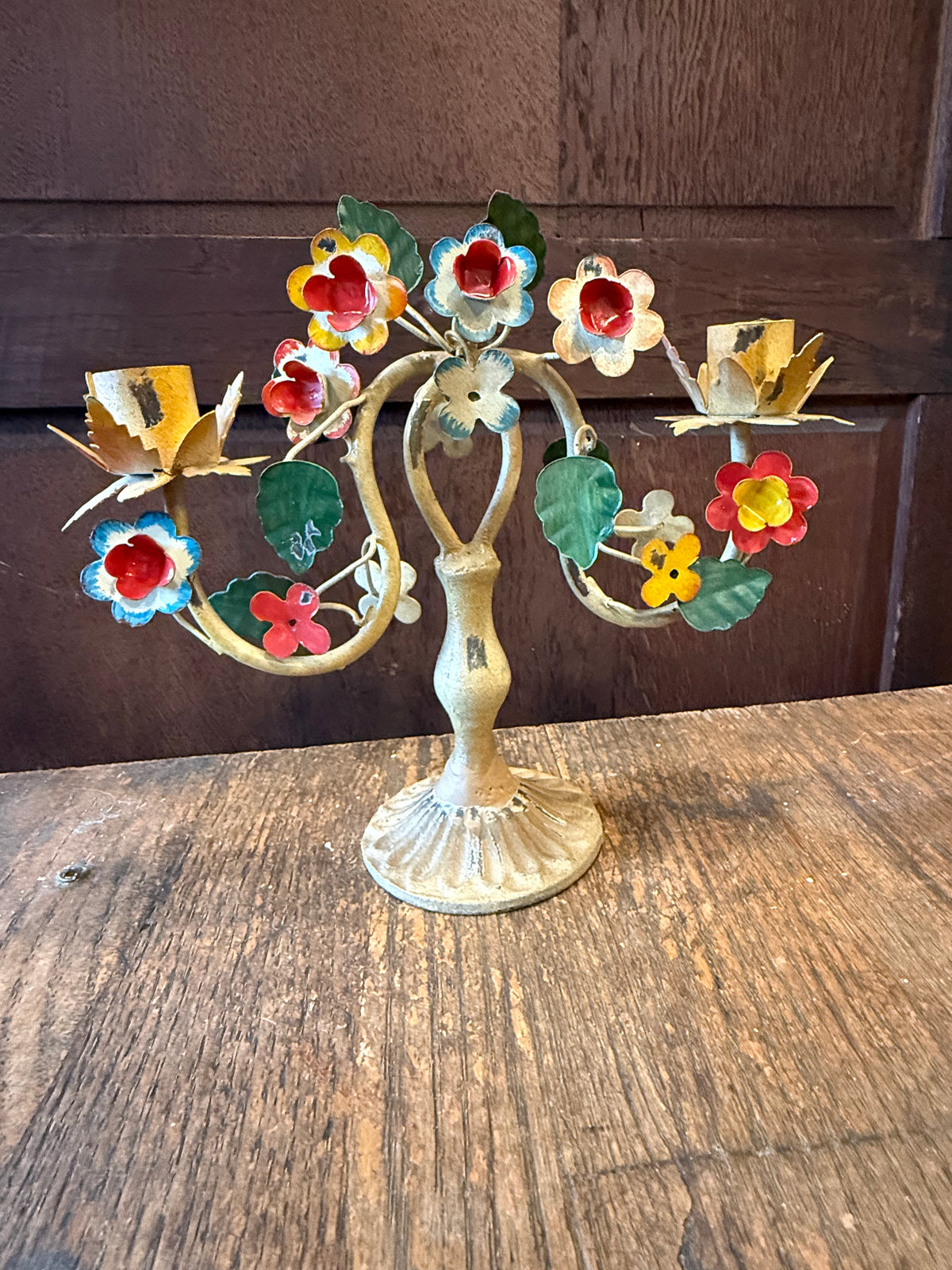 Vintage Italian Toleware Metal Floral 2-Arm Candelabra