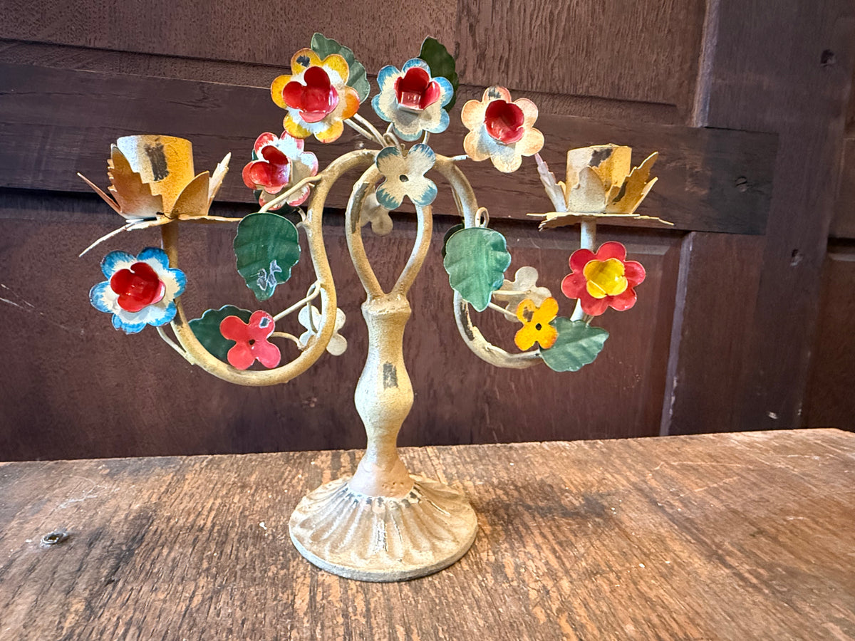 Vintage Italian Toleware Metal Floral 2-Arm Candelabra