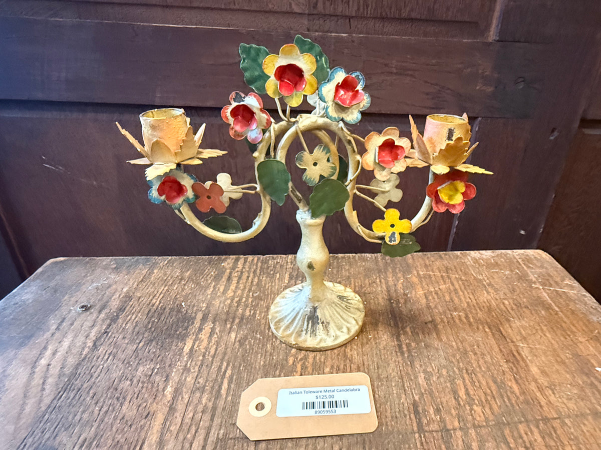 Vintage Italian Toleware Metal Floral 2-Arm Candelabra