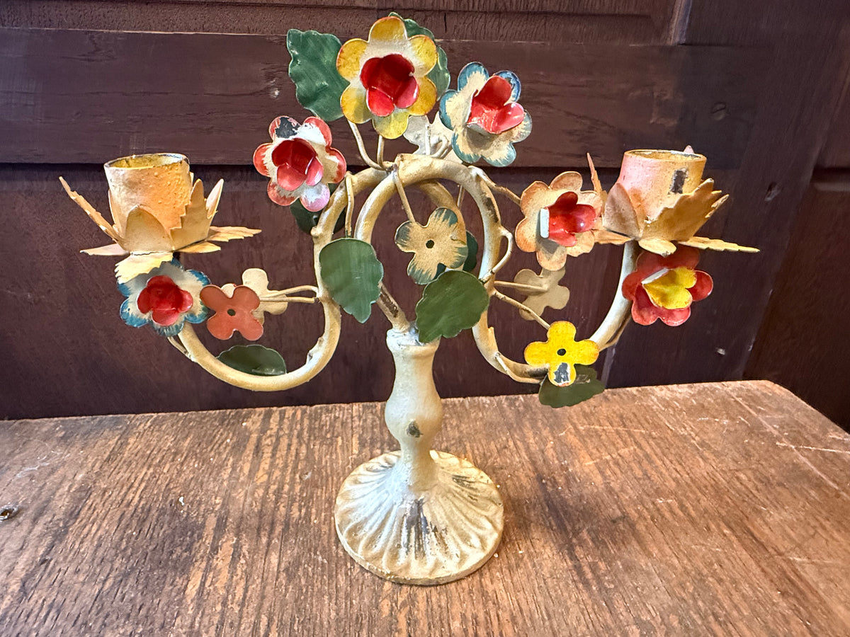 Vintage Italian Toleware Metal Floral 2-Arm Candelabra