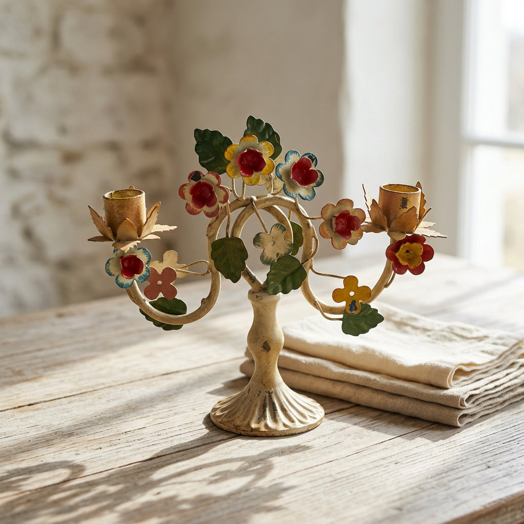 Vintage Italian Toleware Metal Floral 2-Arm Candelabra