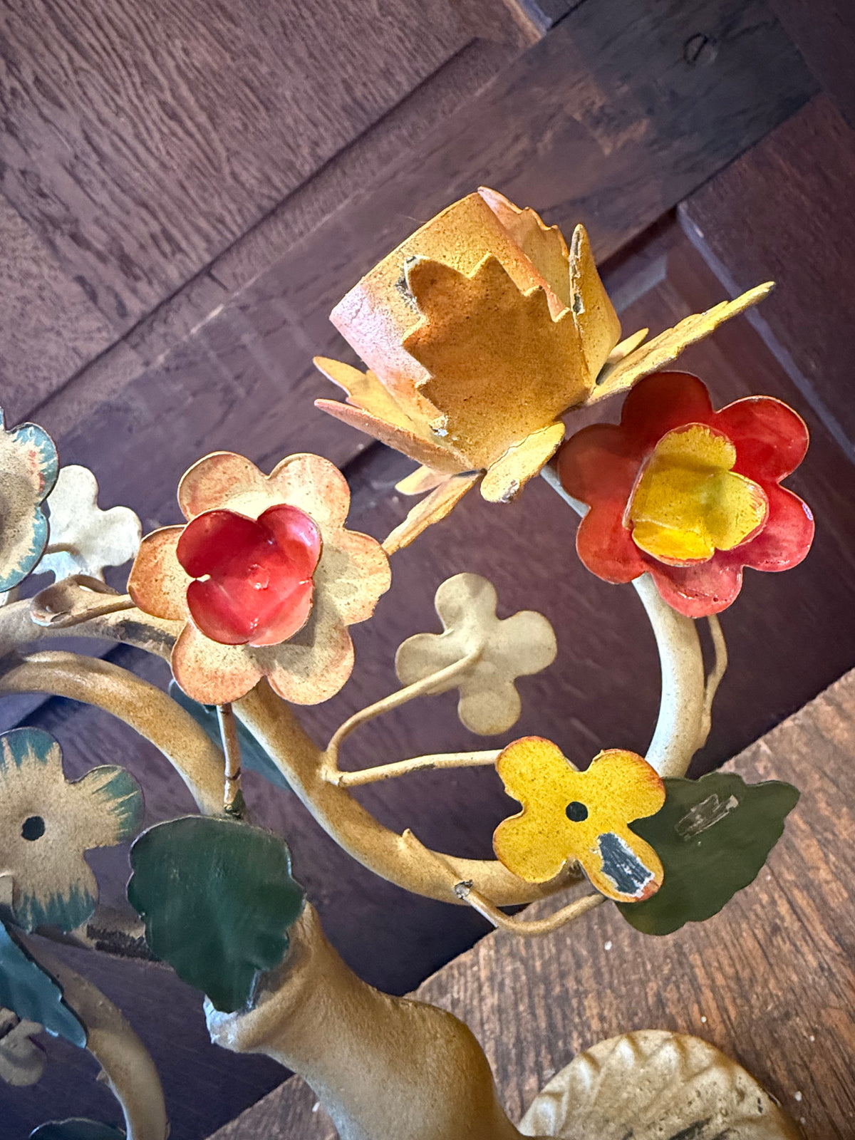 Vintage Italian Toleware Metal Floral 2-Arm Candelabra