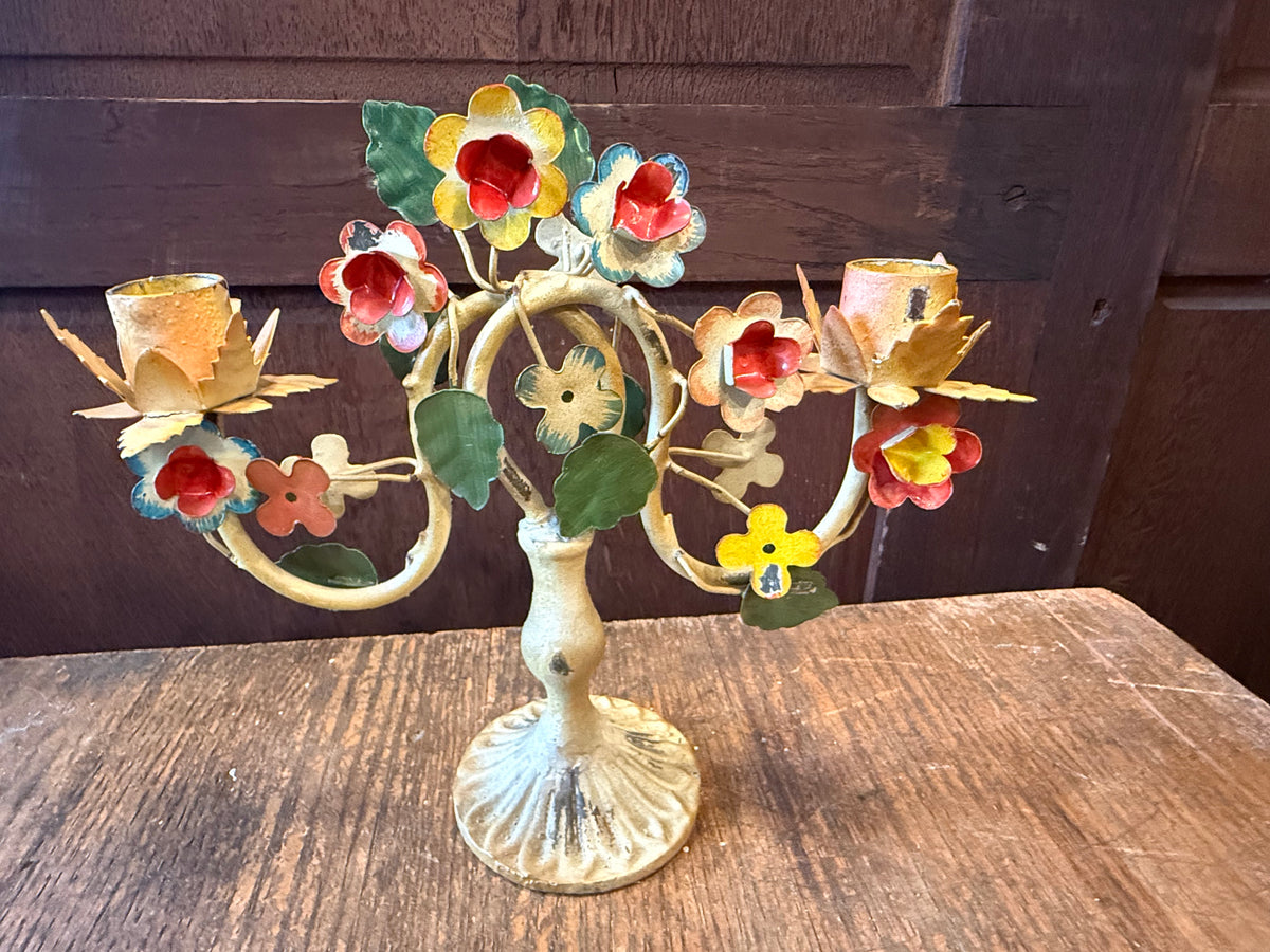 Vintage Italian Toleware Metal Floral 2-Arm Candelabra