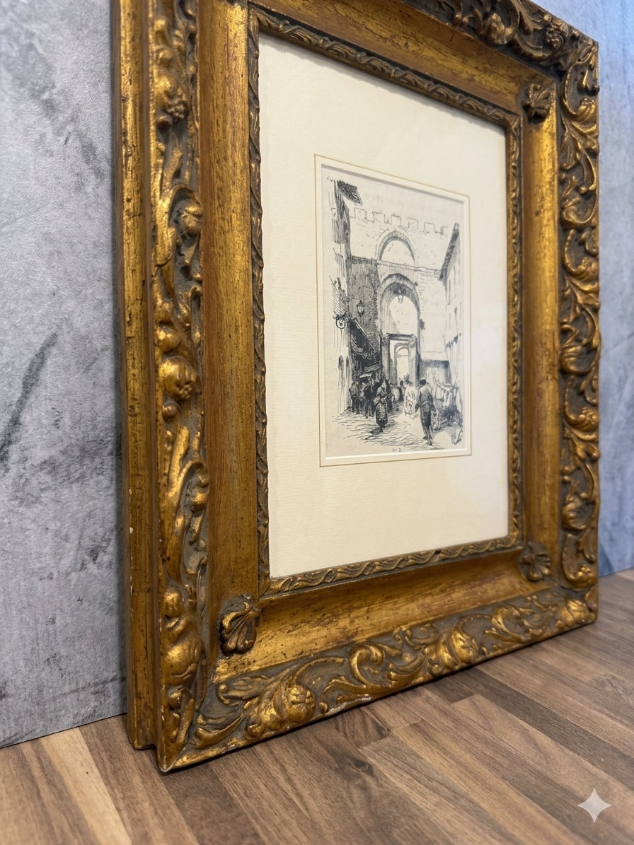 Antique 1903 Nelly Erichsen "Porta Romana, Siena" Italian Architecture Book Plate Print in Ornate Baroque Revival Gilt Frame